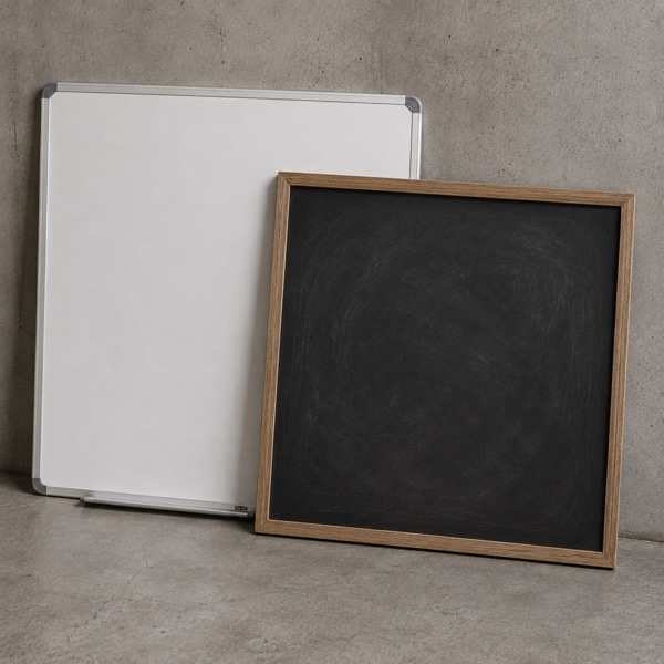A whiteboard and a framed chalkboard leaning against a concrete wall.