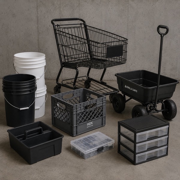 Buckets, a milk crate, a cart, a wagon, a tool caddy and a parts organiser.