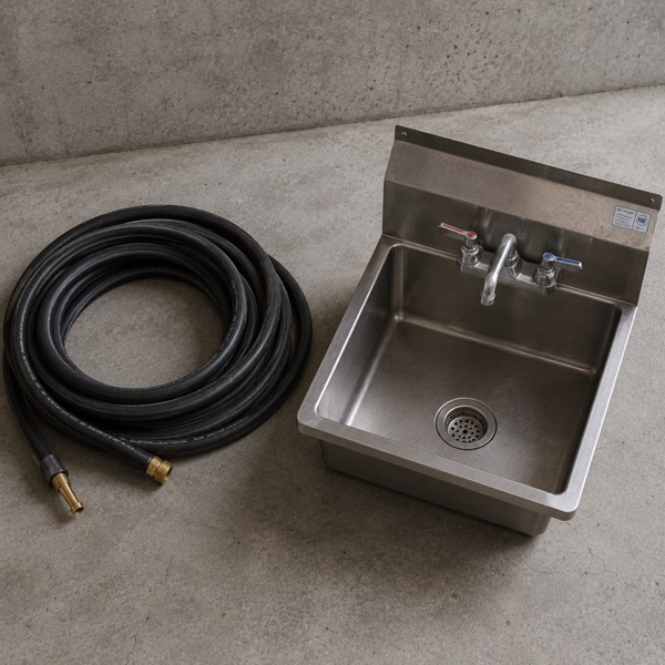 A stainless steel utility sink and a coiled black hose on a concrete floor.