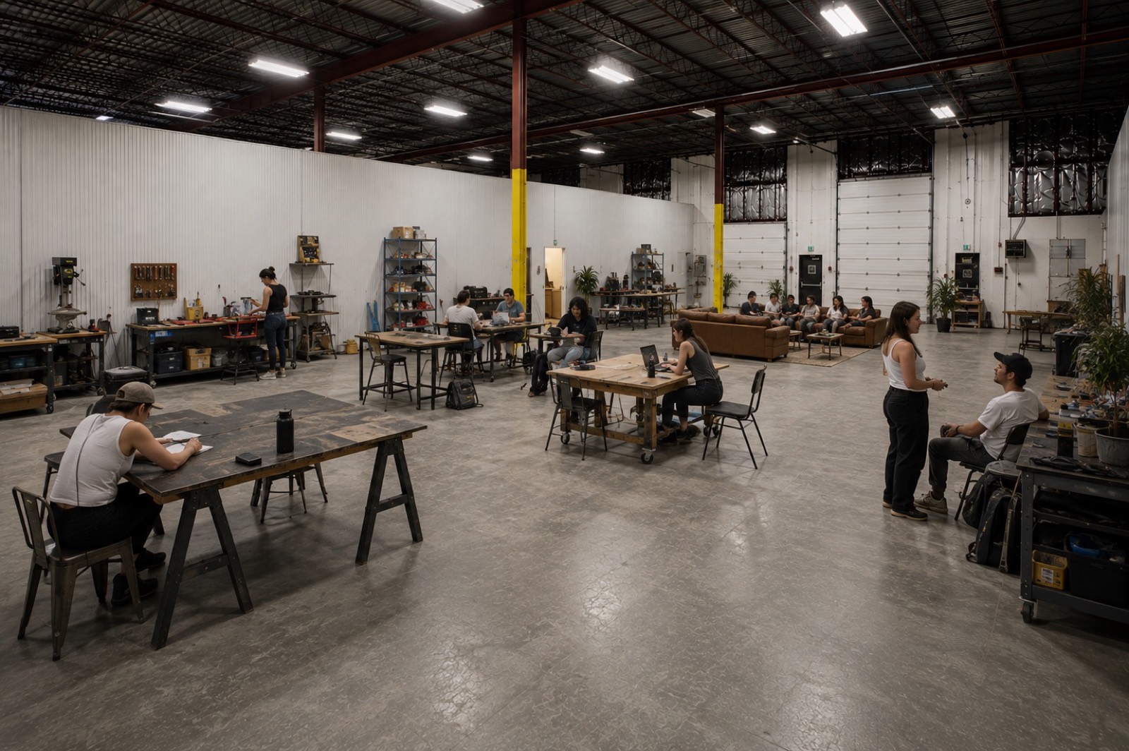 The warehouse in use: people working at sawhorse tables and benches, a group sitting on sofas at the back, tool carts and pegboards along the walls.