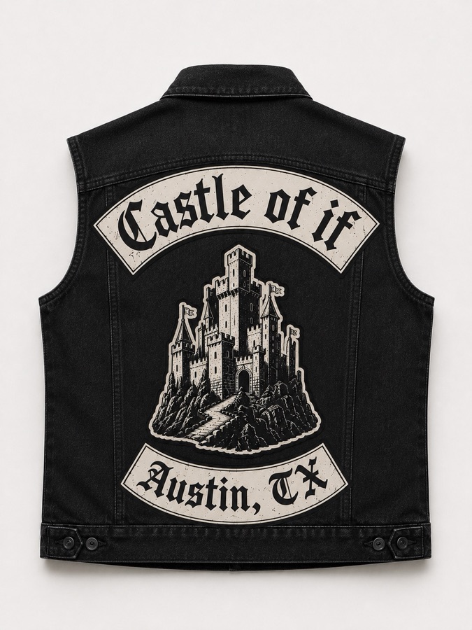 Black denim vest, back view. A rocker patch reading Castle of If arcs over a castle on a rocky crag, with Austin, TX on a bottom rocker.